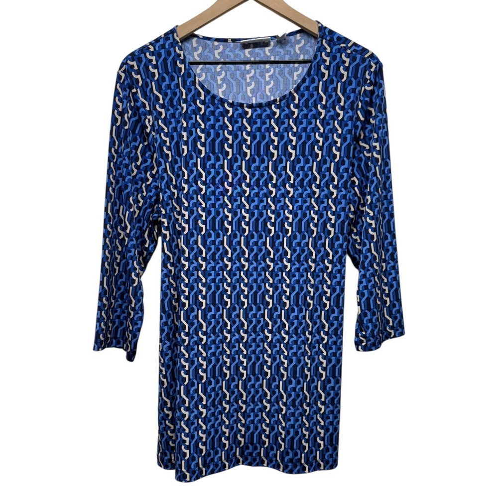Susan Graver Liquid Knit Tunic Top Sz L Tie Back Blue 3/4 Sleeve Artsy Stretch